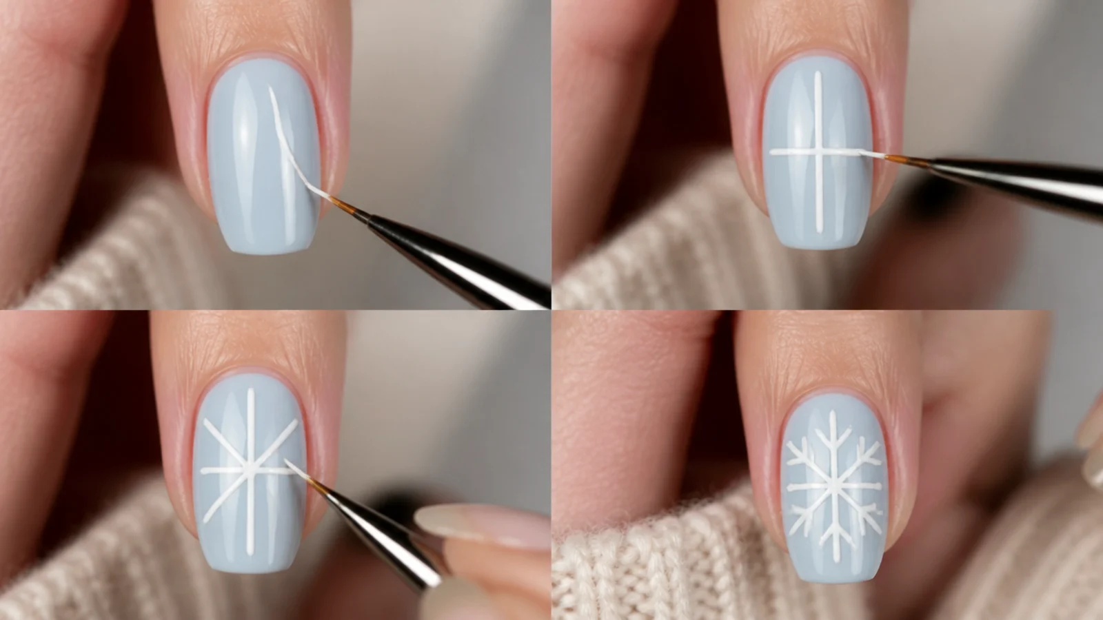 A fine brush painting a plus sign then diagonals into a snowflake on a nail