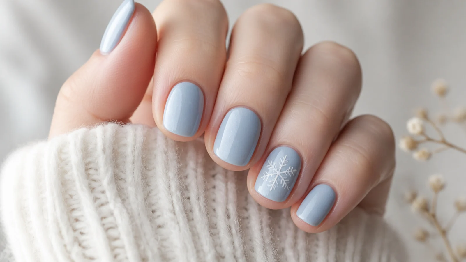 Short natural nails with one white snowflake accent on an icy blue base
