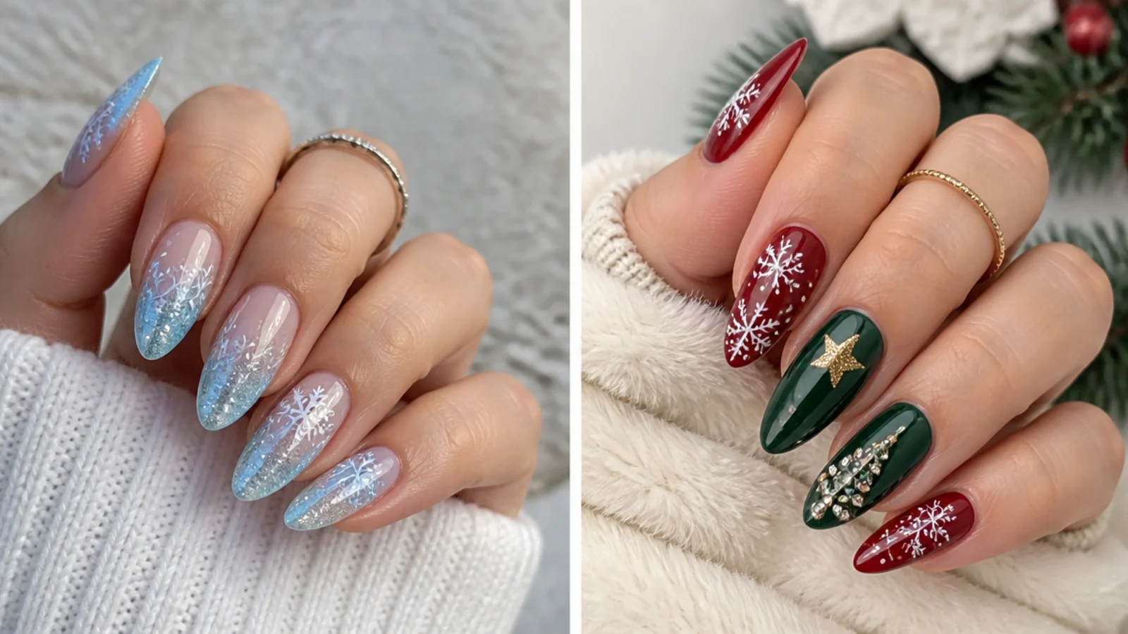 Icy blue snowflake nails beside red and green Christmas nails