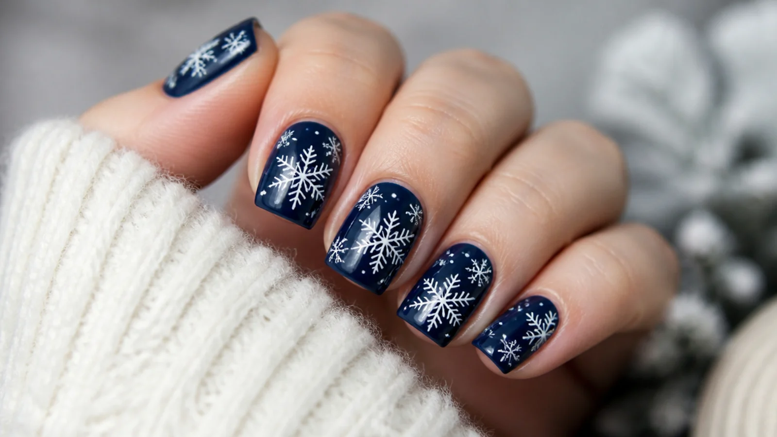 White snowflakes over a deep navy base on square nails