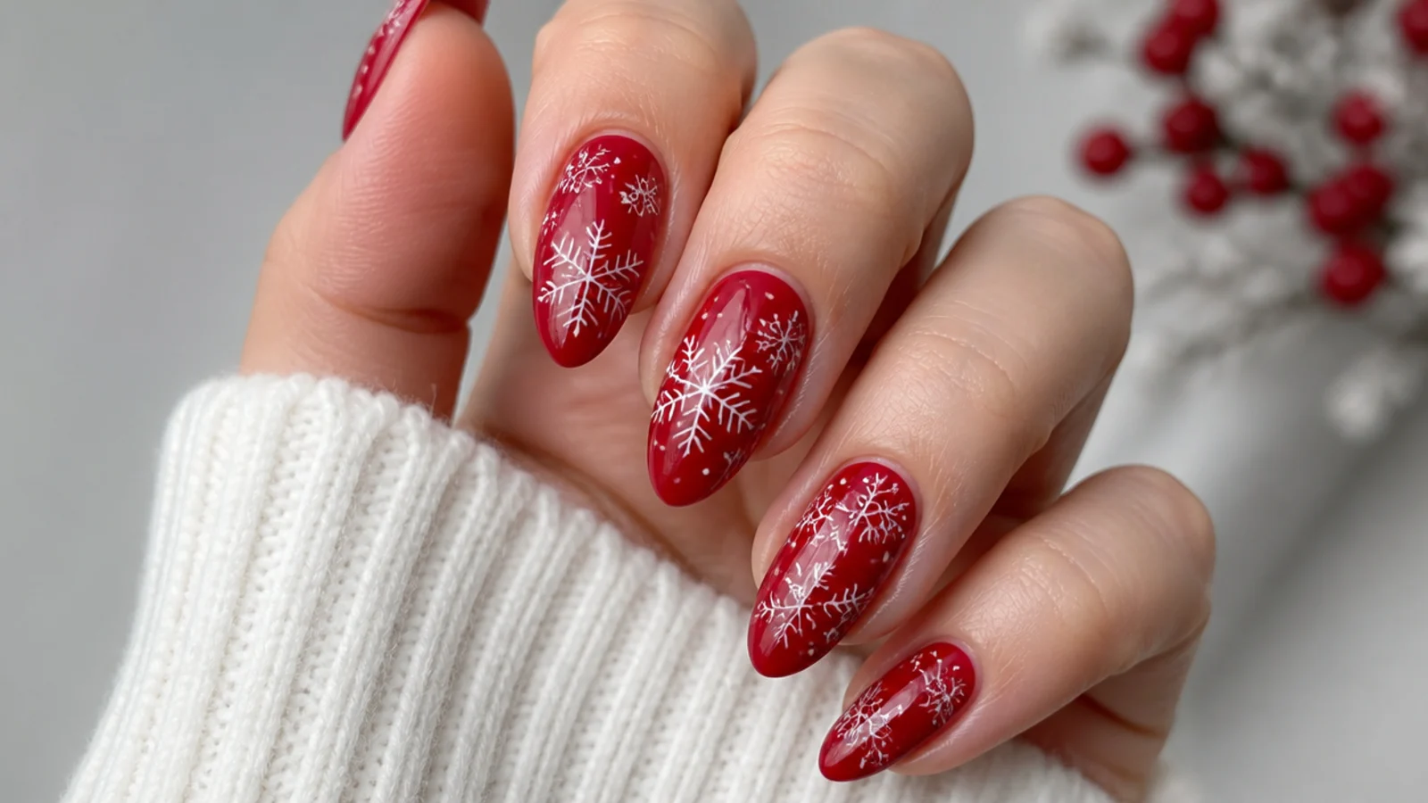 White snowflakes over a classic red base on almond nails
