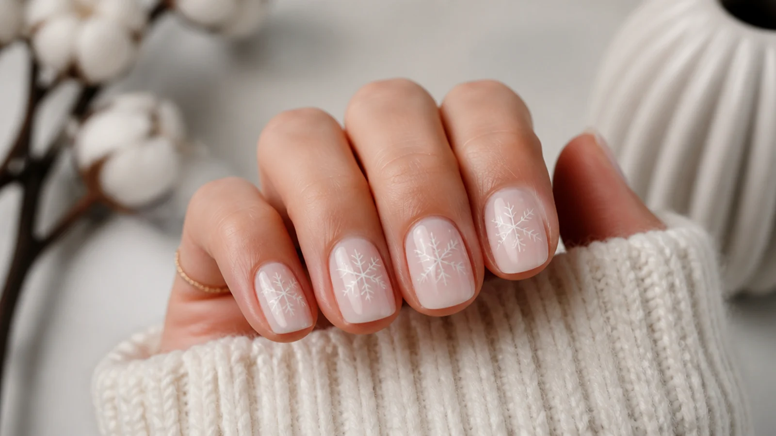 Soft white snowflakes over a milky nude base on short nails