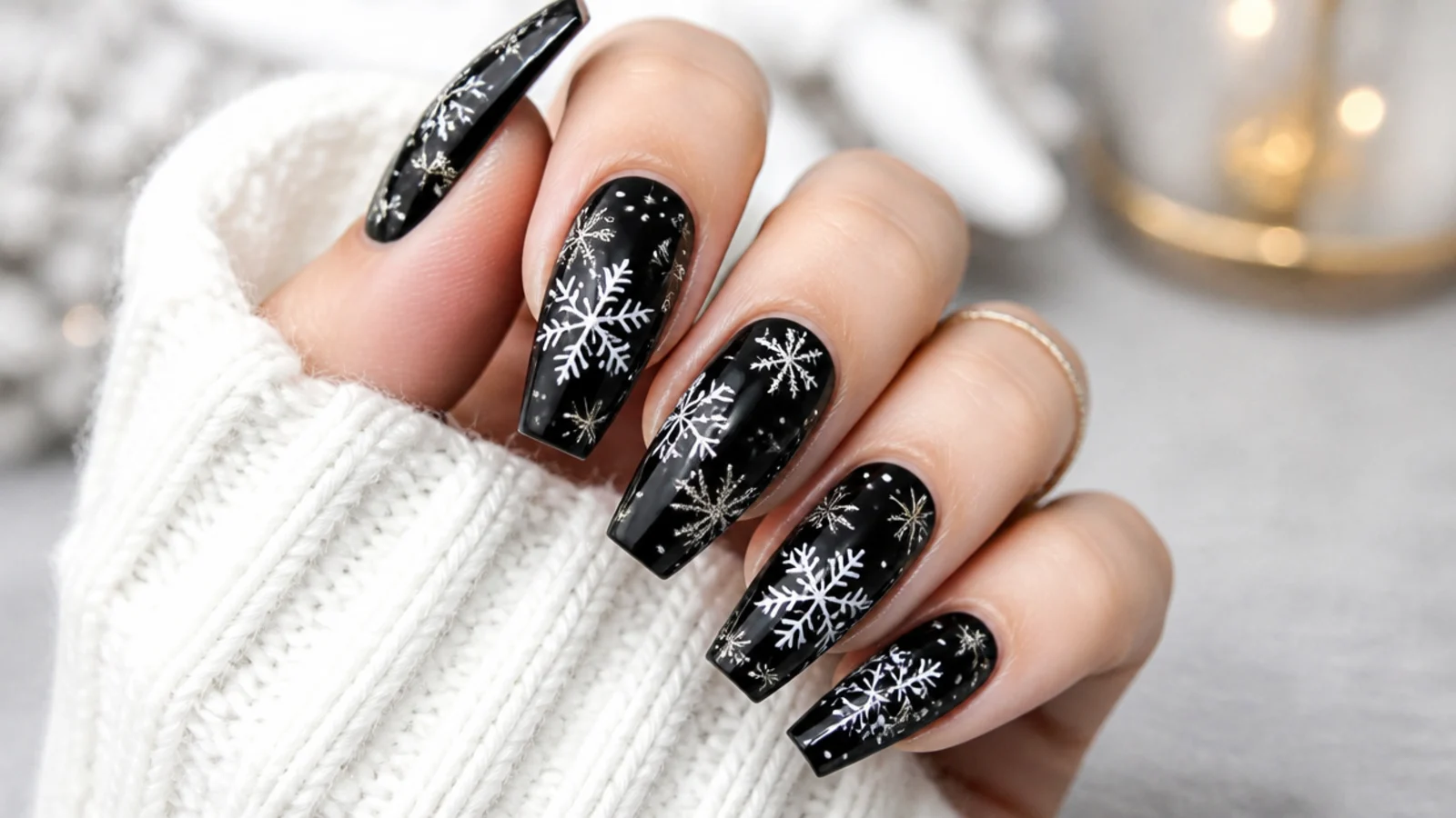 White and silver snowflakes over a glossy black base on coffin nails