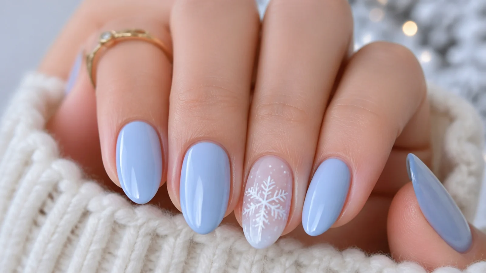 One white snowflake accent nail among plain icy blue nails