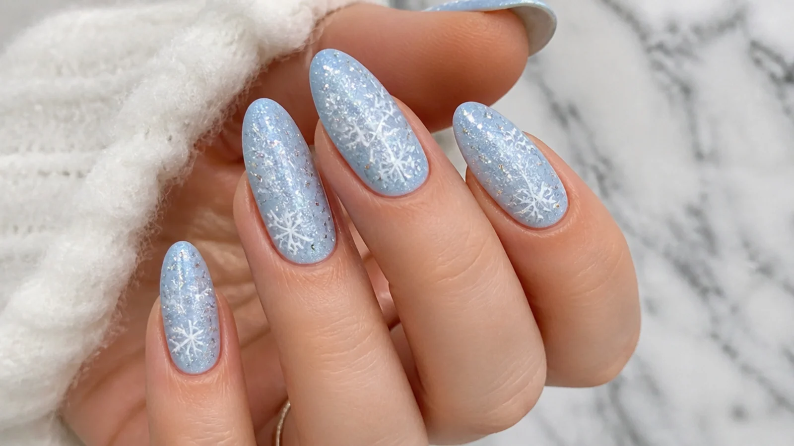 White snowflakes with fine silver glitter over an icy blue base