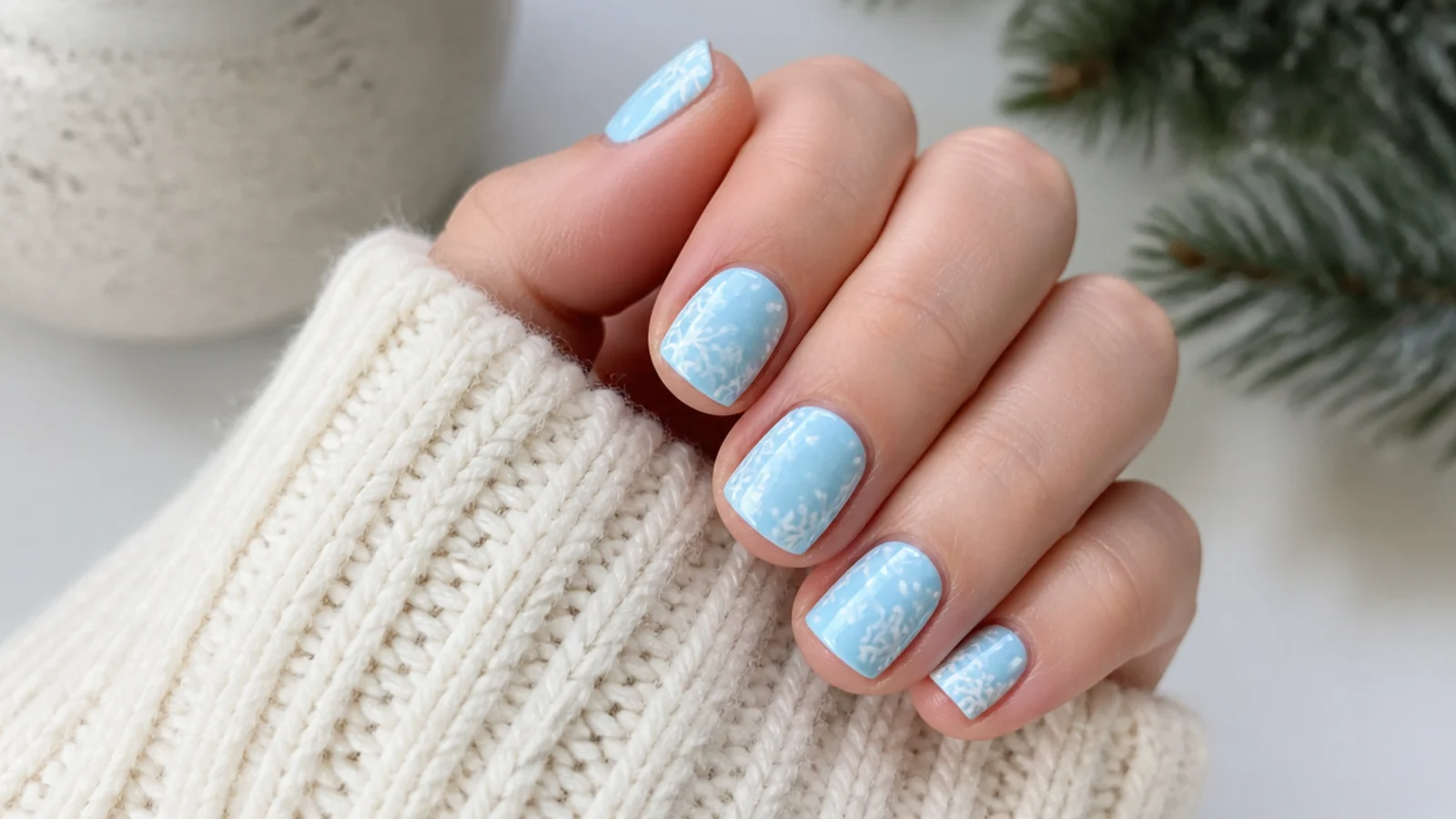 White snowflakes over a soft powder blue base on short square nails