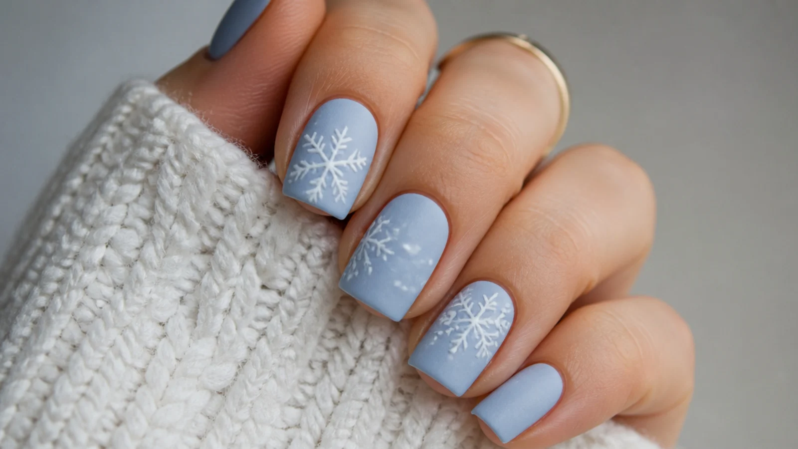 Glossy white snowflakes over a matte icy blue base on square nails