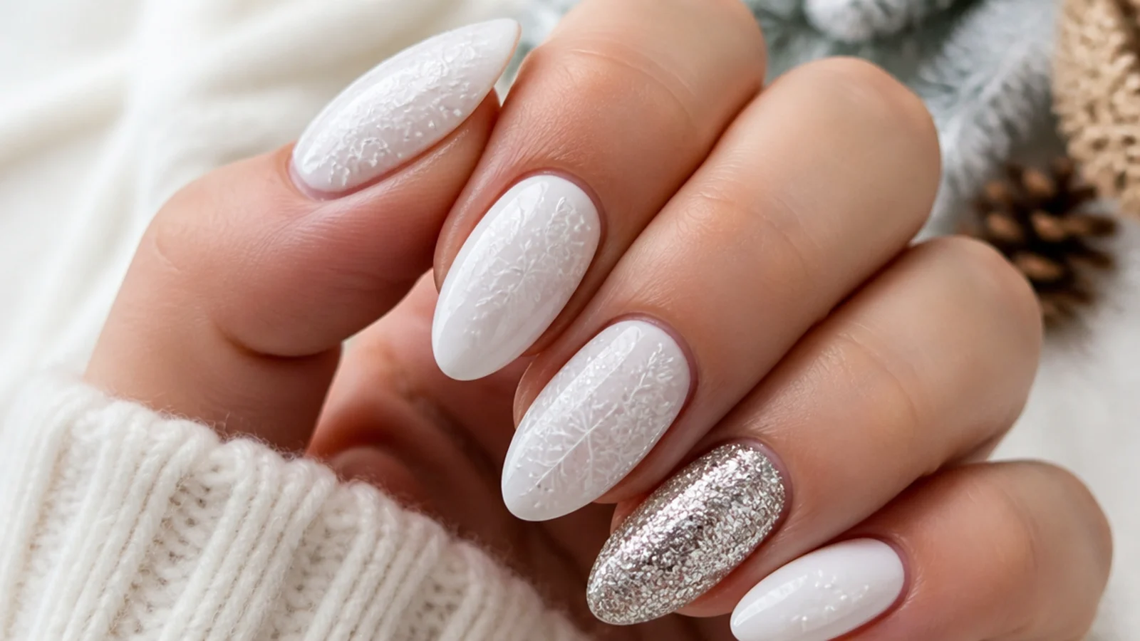 White snowflake nails with one full silver glitter accent nail