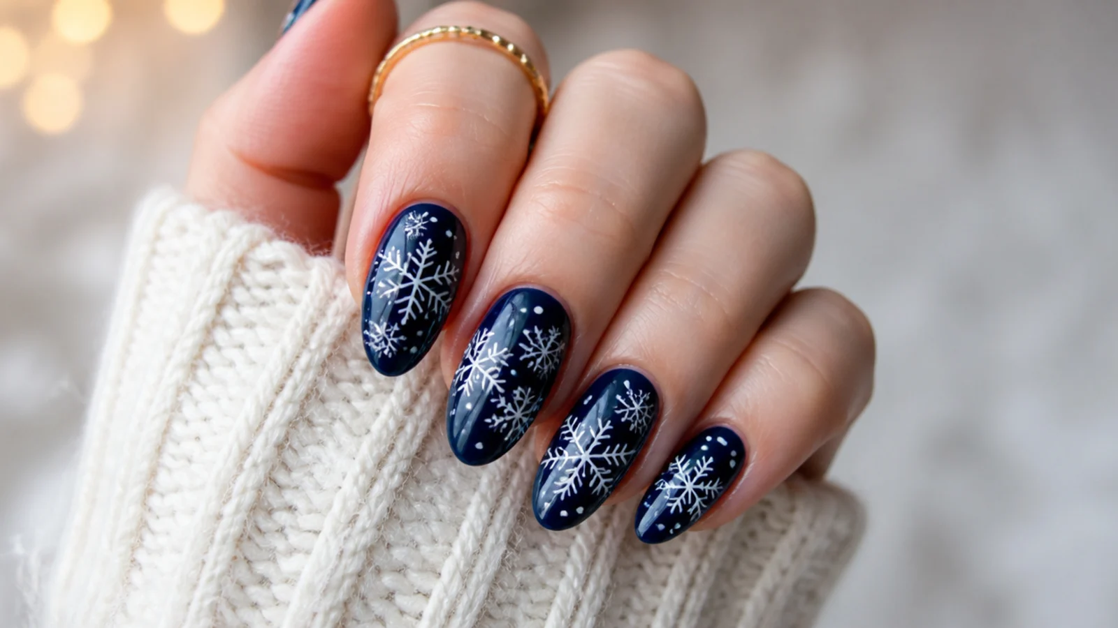 White snowflakes with scattered white dots over a navy base on almond nails