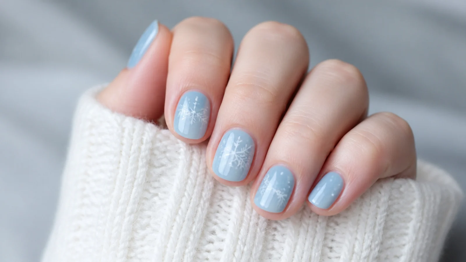 Simple white dotted snowflakes over an icy blue base on short nails