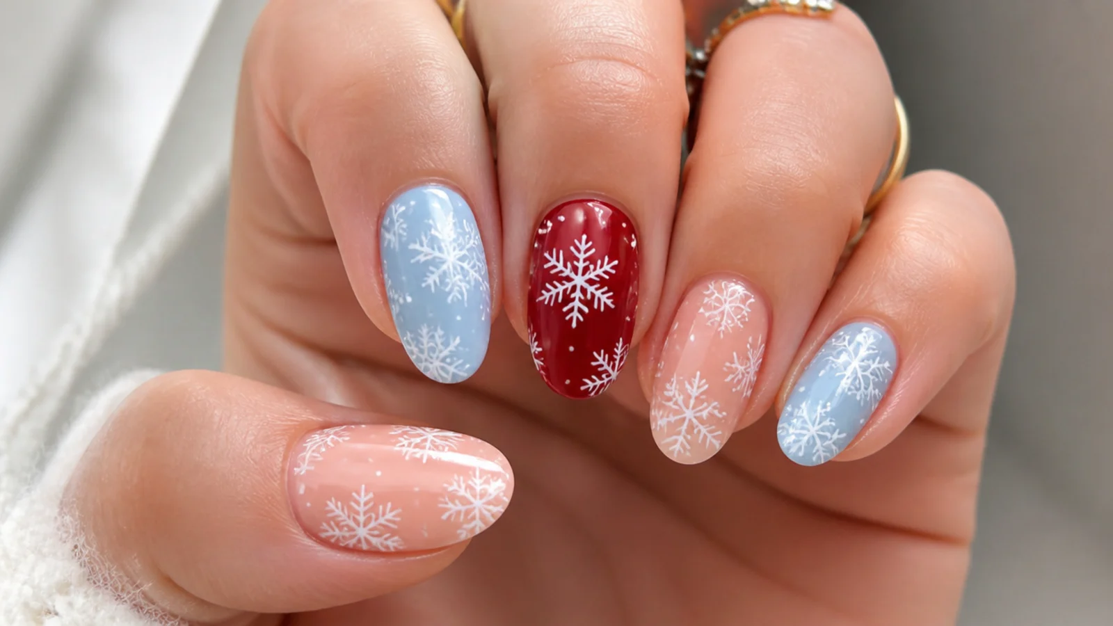 White snowflakes shown over icy blue, red and nude base swatches