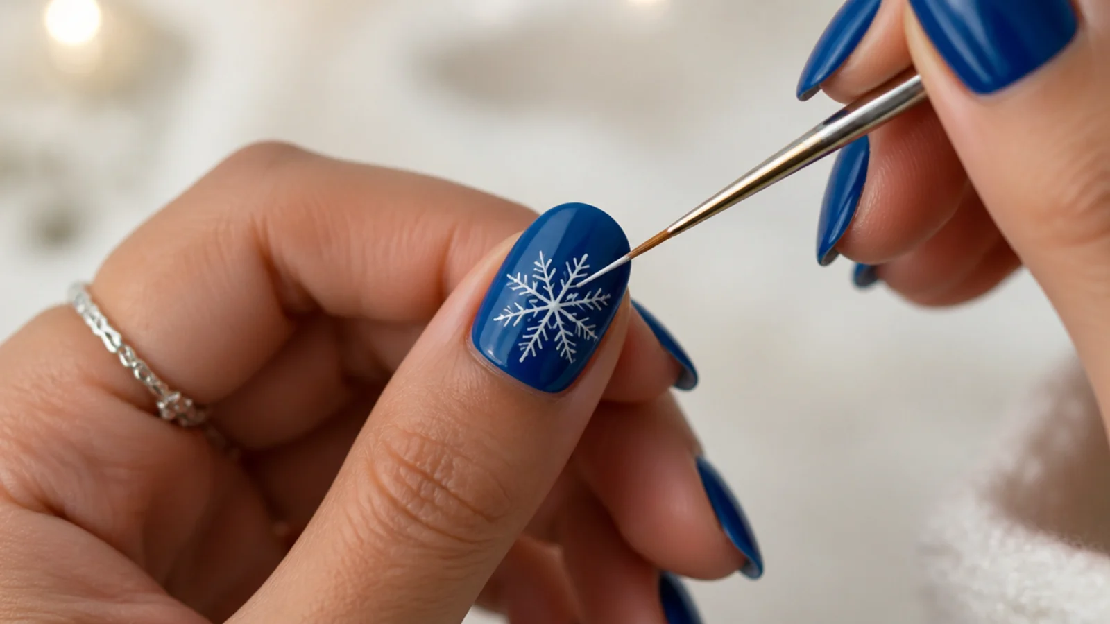 A fine brush drawing a white six-arm snowflake over a blue nail base