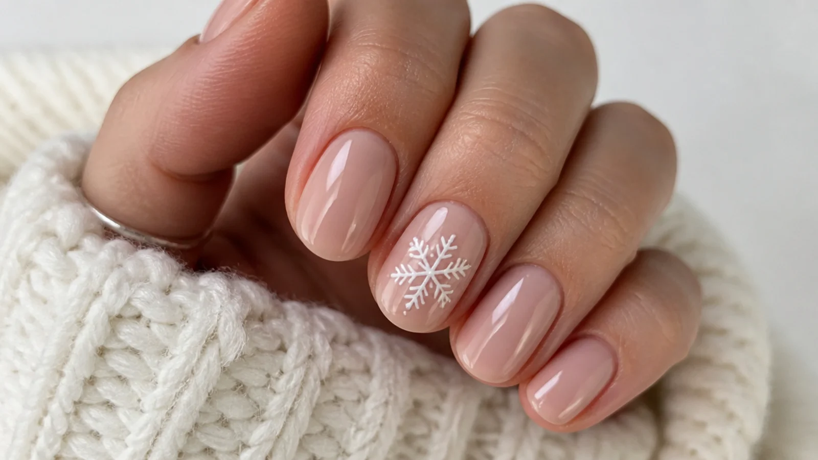 One white snowflake accent on short natural nails with plain nails beside it