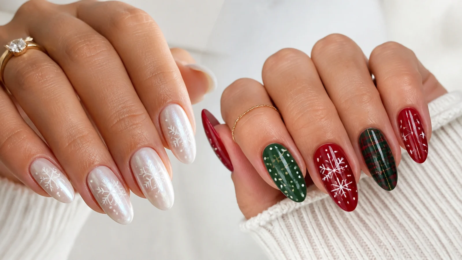 White snowflake nails beside red and green Christmas nails for comparison