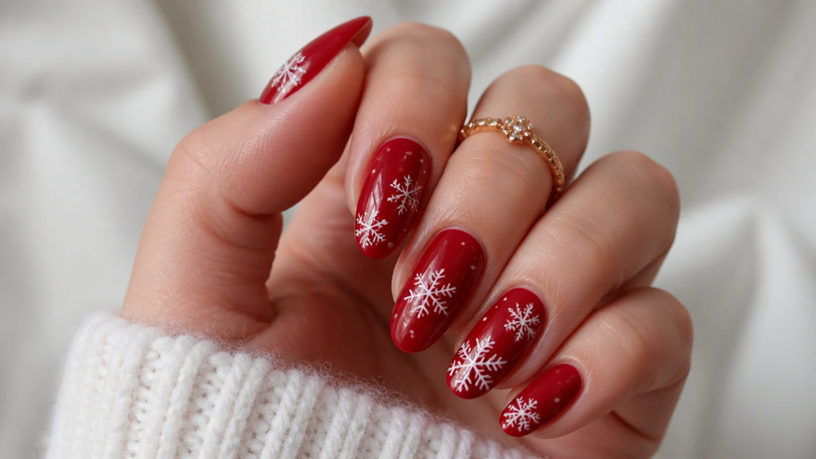 Red winter snowflake nails with white snowflakes for a festive holiday set