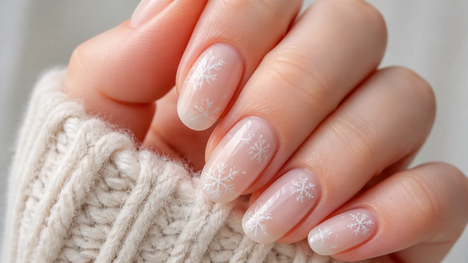 Milky nude winter snowflake nails with soft white snowflakes for a subtle work-friendly look