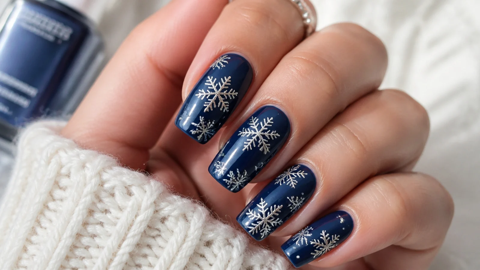 Navy winter snowflake nails with white and silver snowflakes on a deep blue base