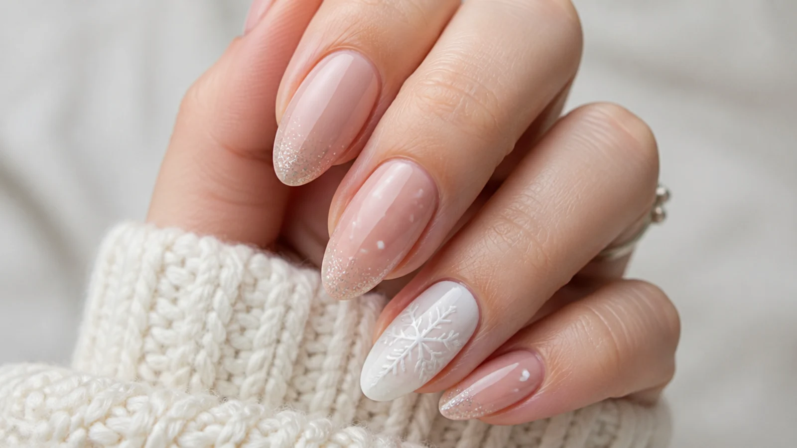 Nude winter snowflake nails with one white snowflake accent nail