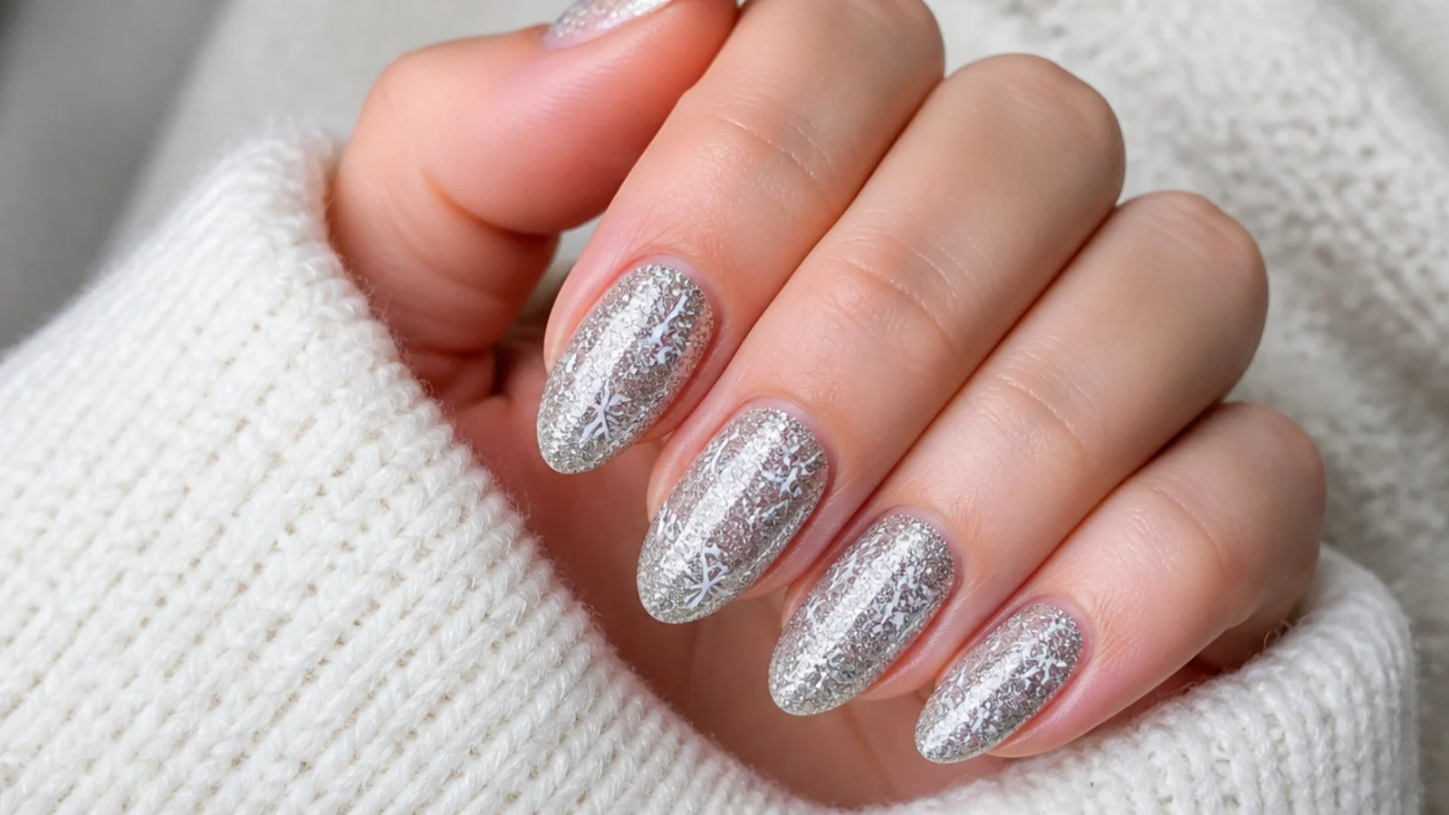 Silver glitter winter snowflake nails with white snowflakes over a sparkly base