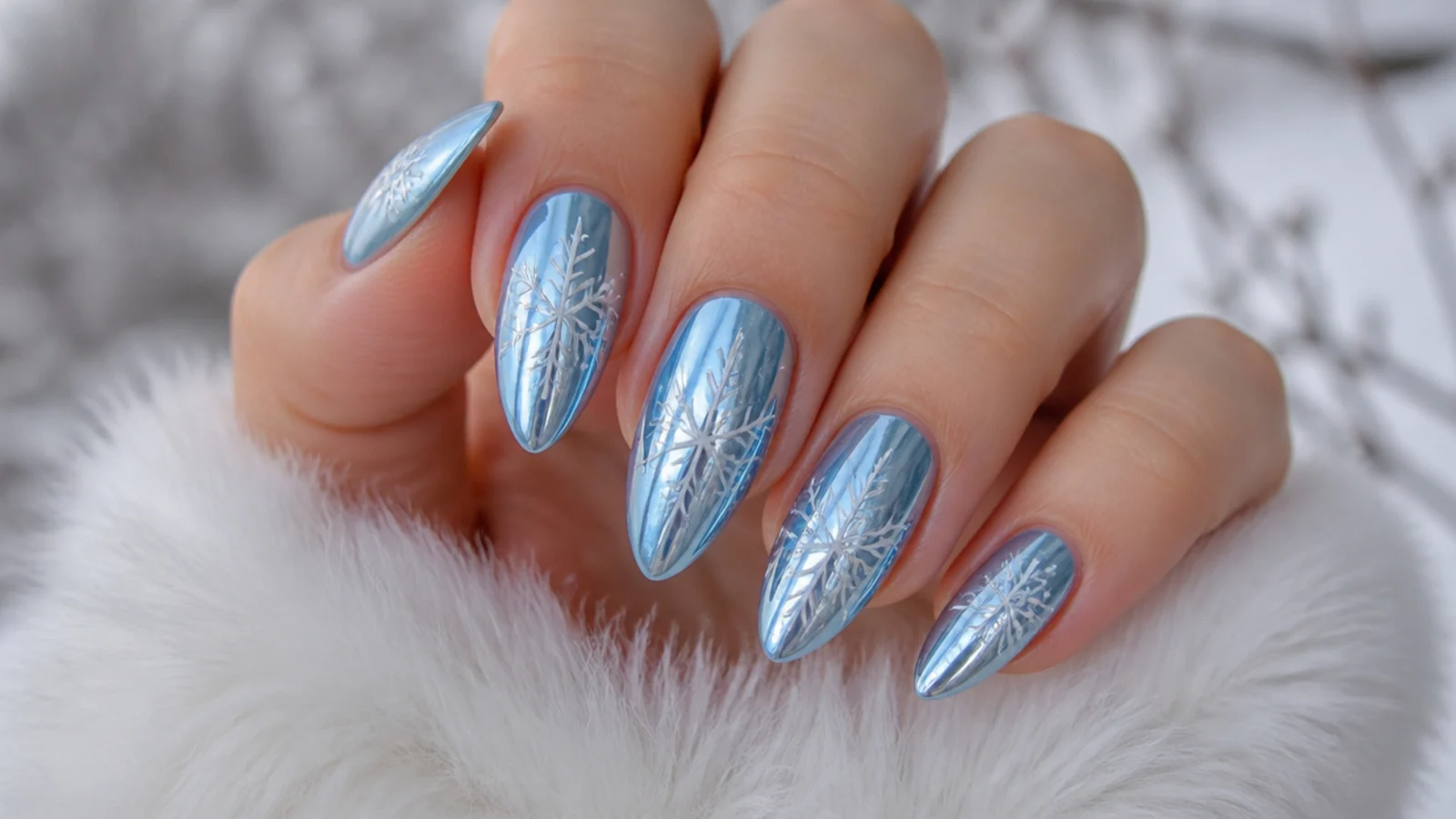 Icy blue chrome winter snowflake nails with white snowflakes and a mirror finish