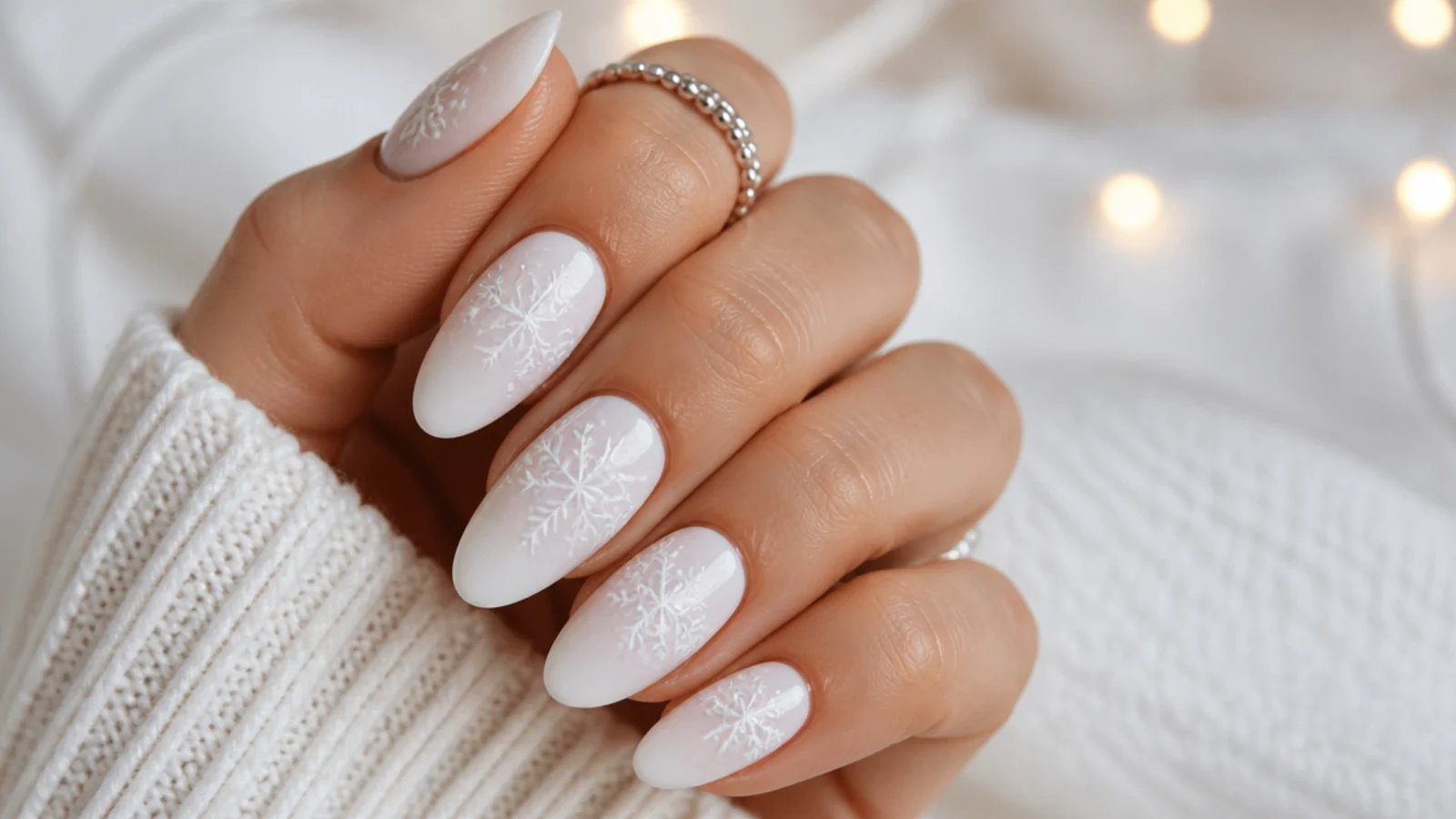 Matte white winter snowflake nails with glossy snowflakes for a textured contrast