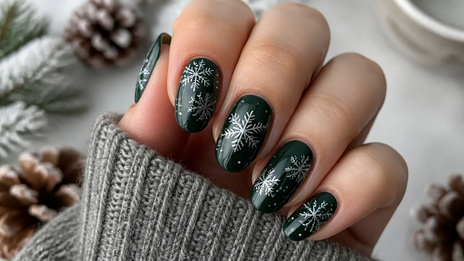 Dark green winter snowflake nails with white and silver snowflakes for a holiday set