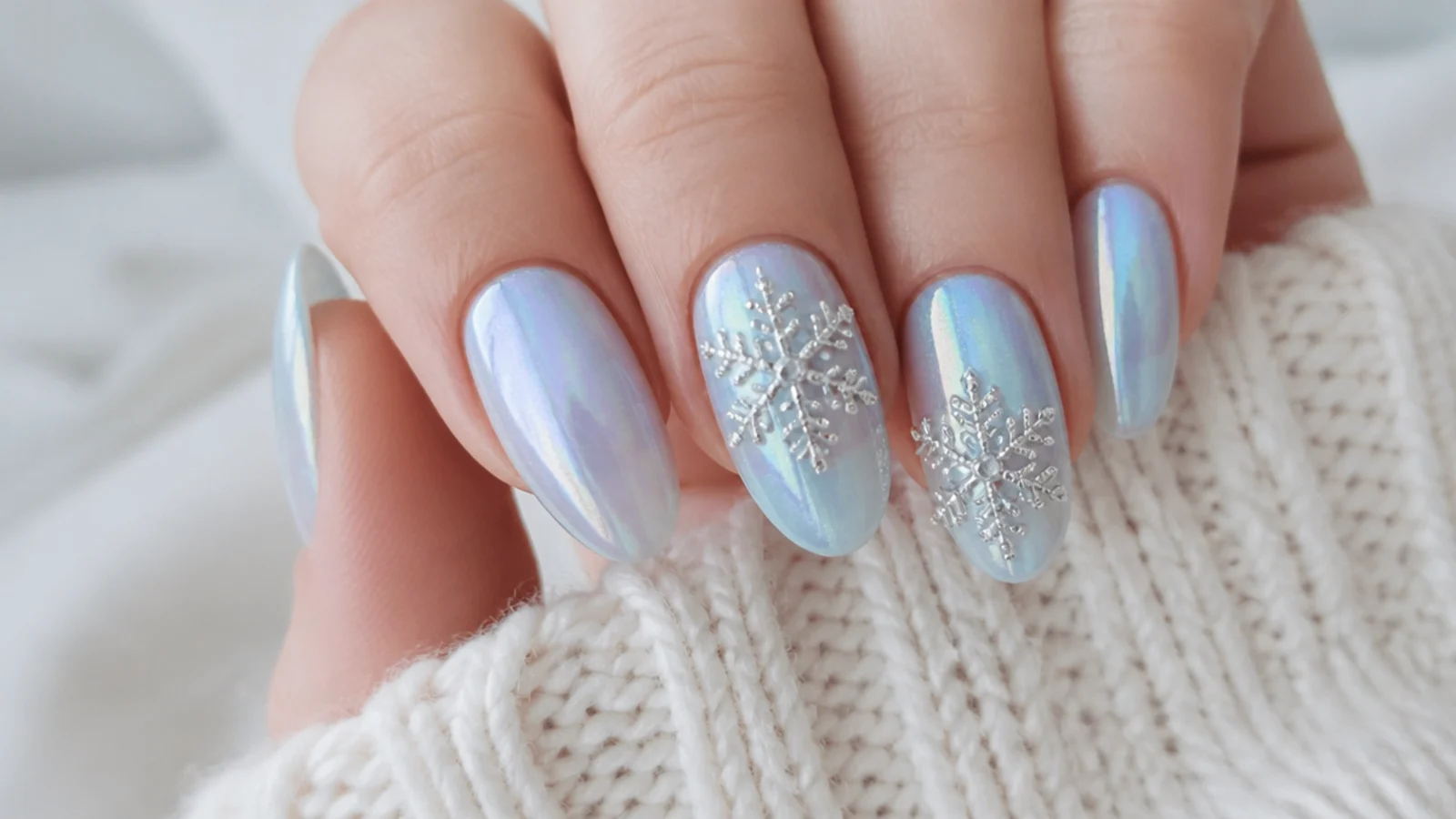 Icy blue winter snowflake nails built from tiny rhinestones in a snowflake shape
