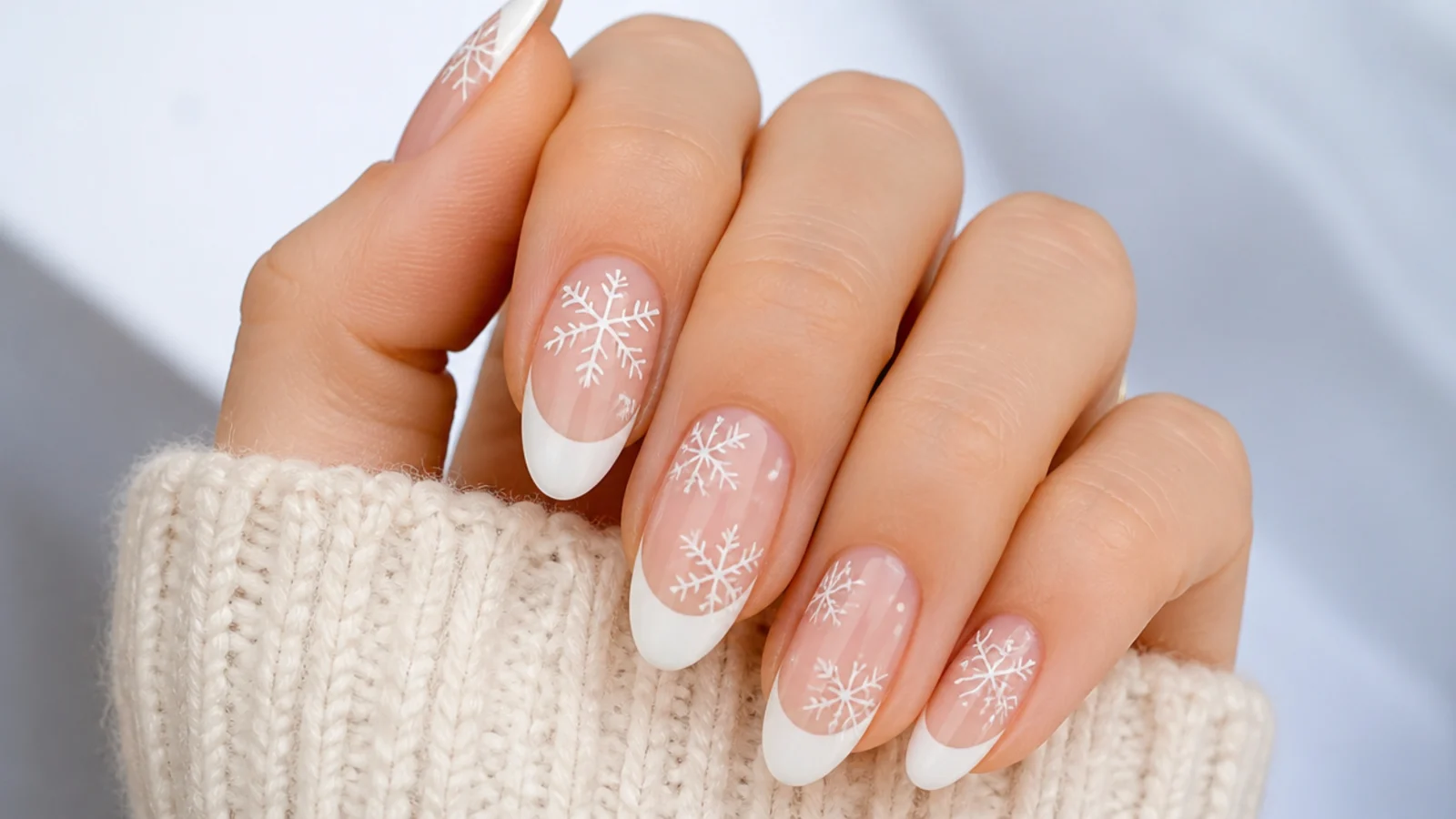 Negative space winter snowflake nails with white snowflakes on bare nail sections