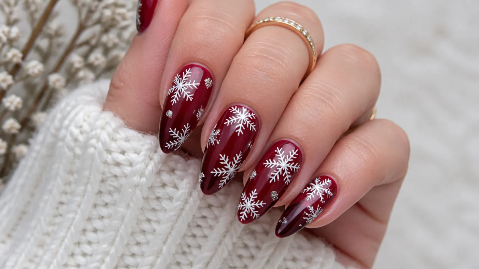 Deep burgundy winter snowflake nails with white and silver snowflakes