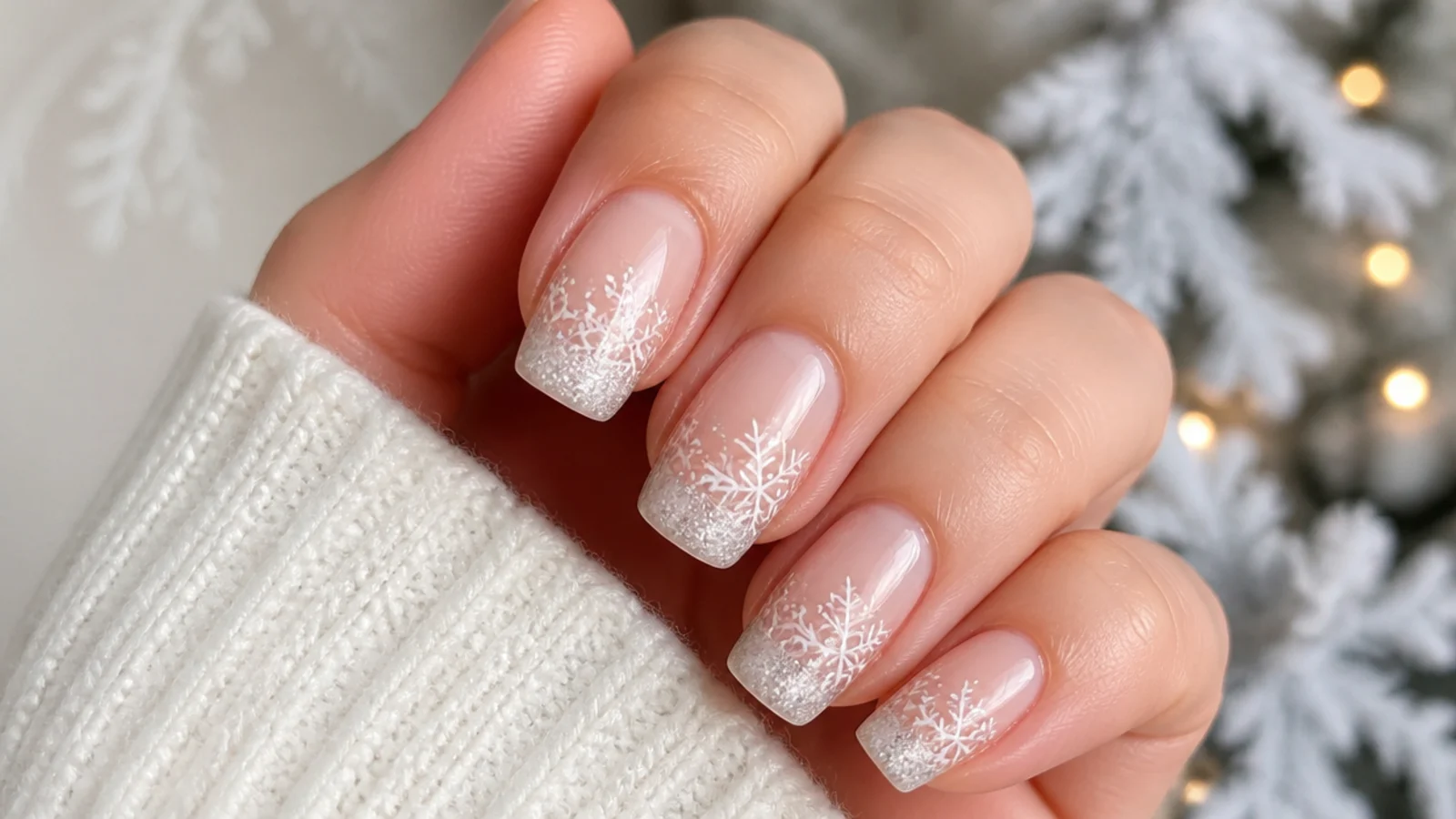 Frosted glitter tip winter snowflake nails with white snowflakes near the edge