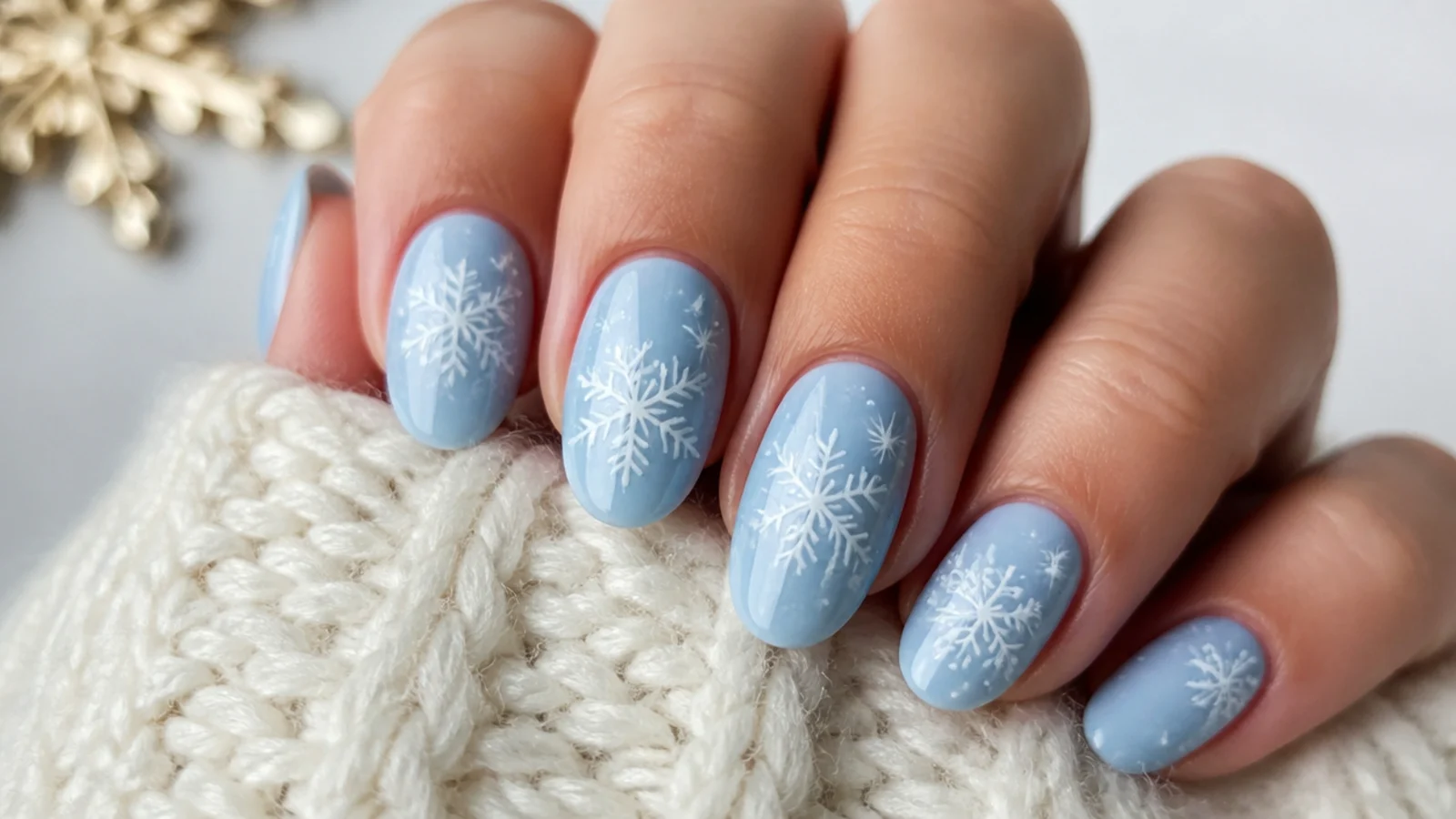 Pastel blue winter snowflake nails with white snowflakes and cozy sweater texture