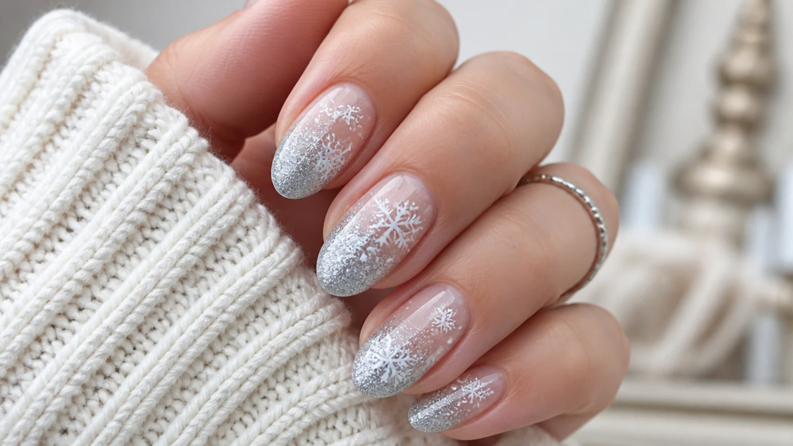 Silver glitter gradient winter snowflake nails fading to white snowflakes