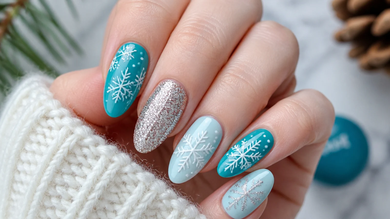 Teal turquoise winter snowflake nails with white and silver snowflakes