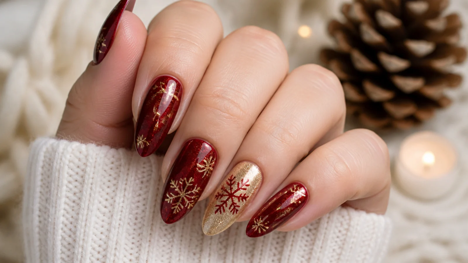 Red winter snowflake nails with gold snowflakes for a warm festive set