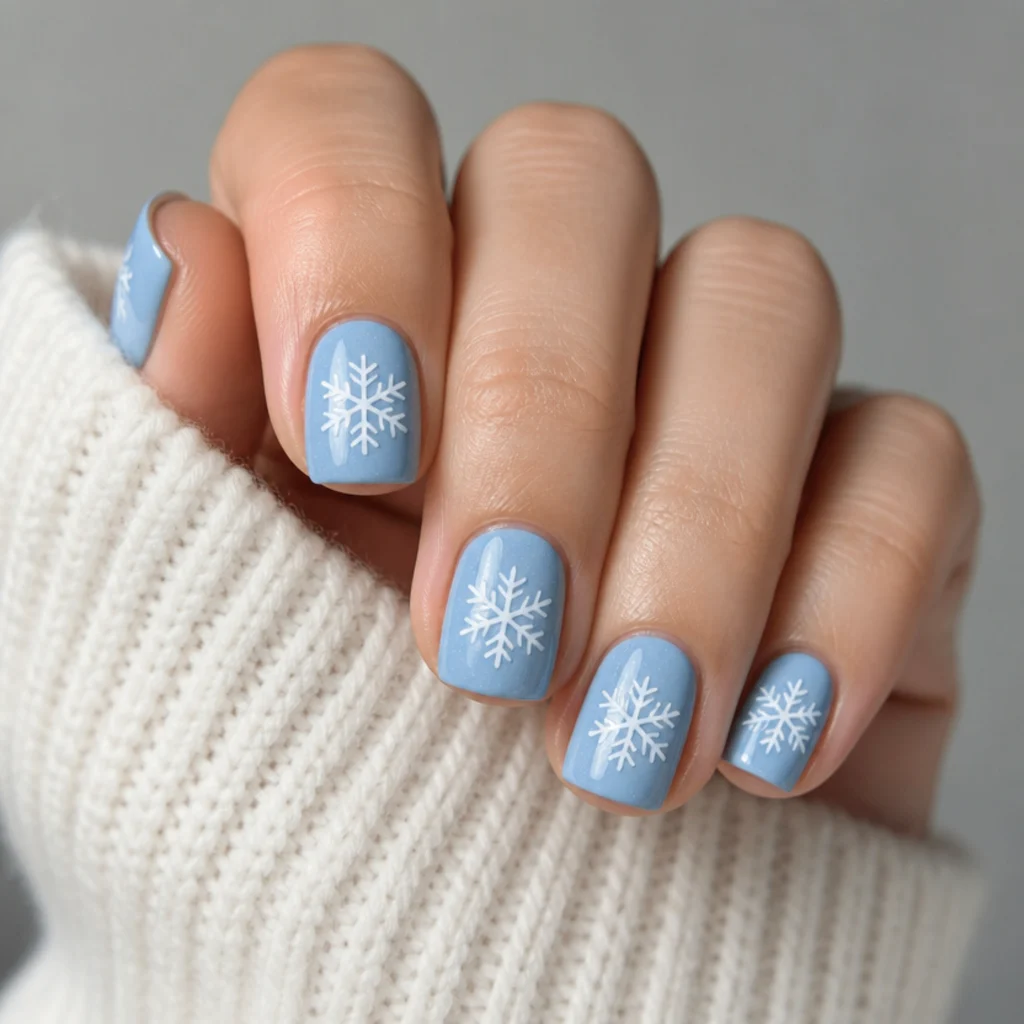 Short square winter snowflake nails with one white snowflake per nail on icy blue