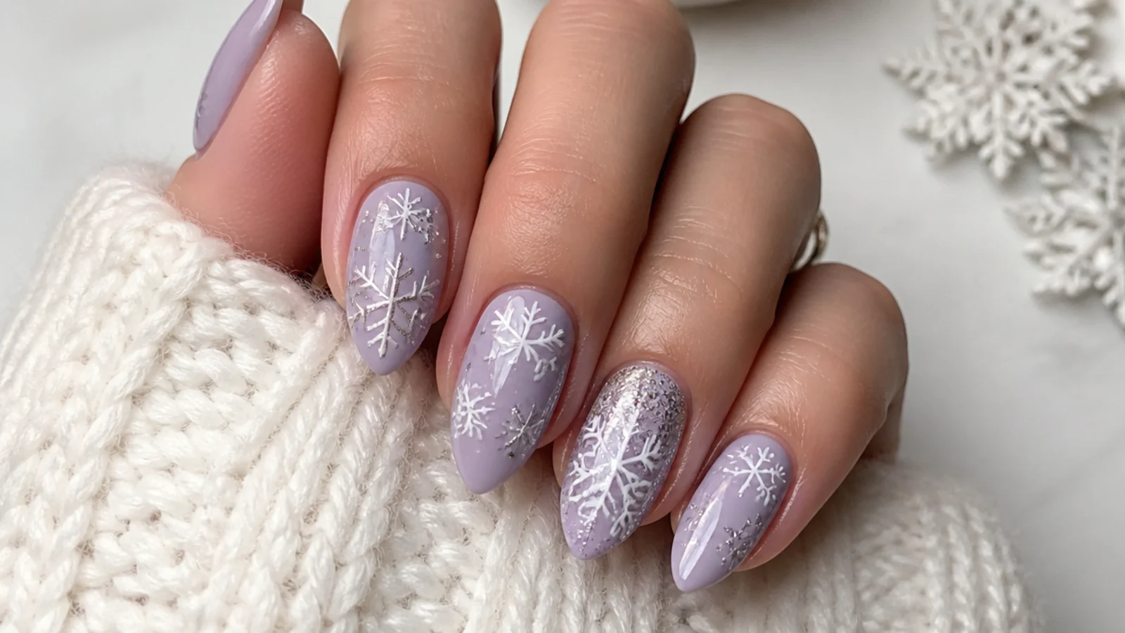Soft lilac winter snowflake nails with white and silver snowflakes