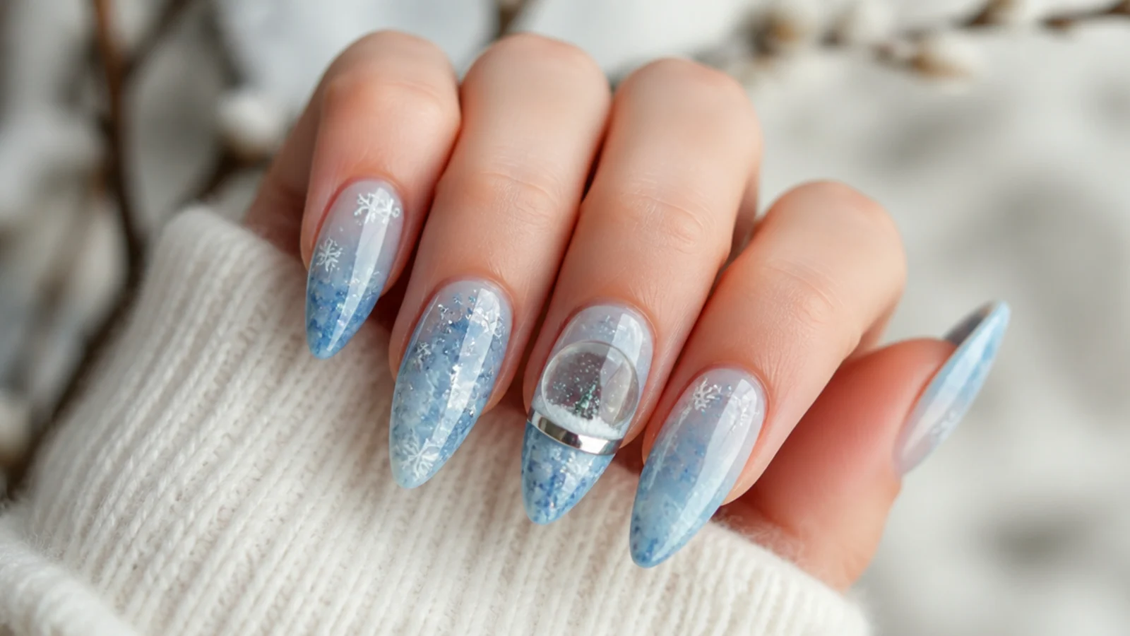 Icy blue winter snowflake nails with a glitter snow globe encapsulated design