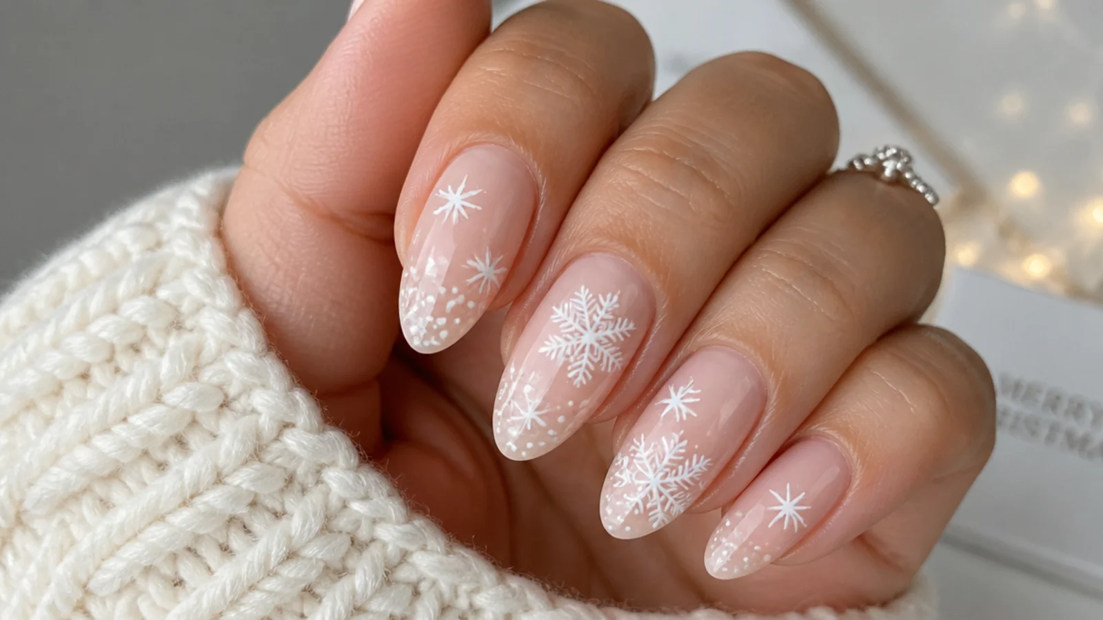 Sheer nude winter snowflake nails with intricate white lace-like snowflakes