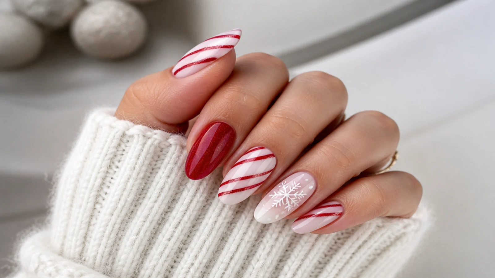 Red and white candy cane stripe winter snowflake nails with a snowflake accent