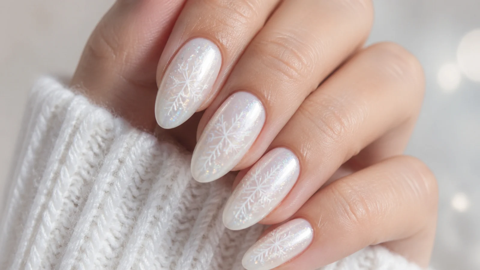 Pearly white winter snowflake nails with iridescent shimmer and white snowflakes