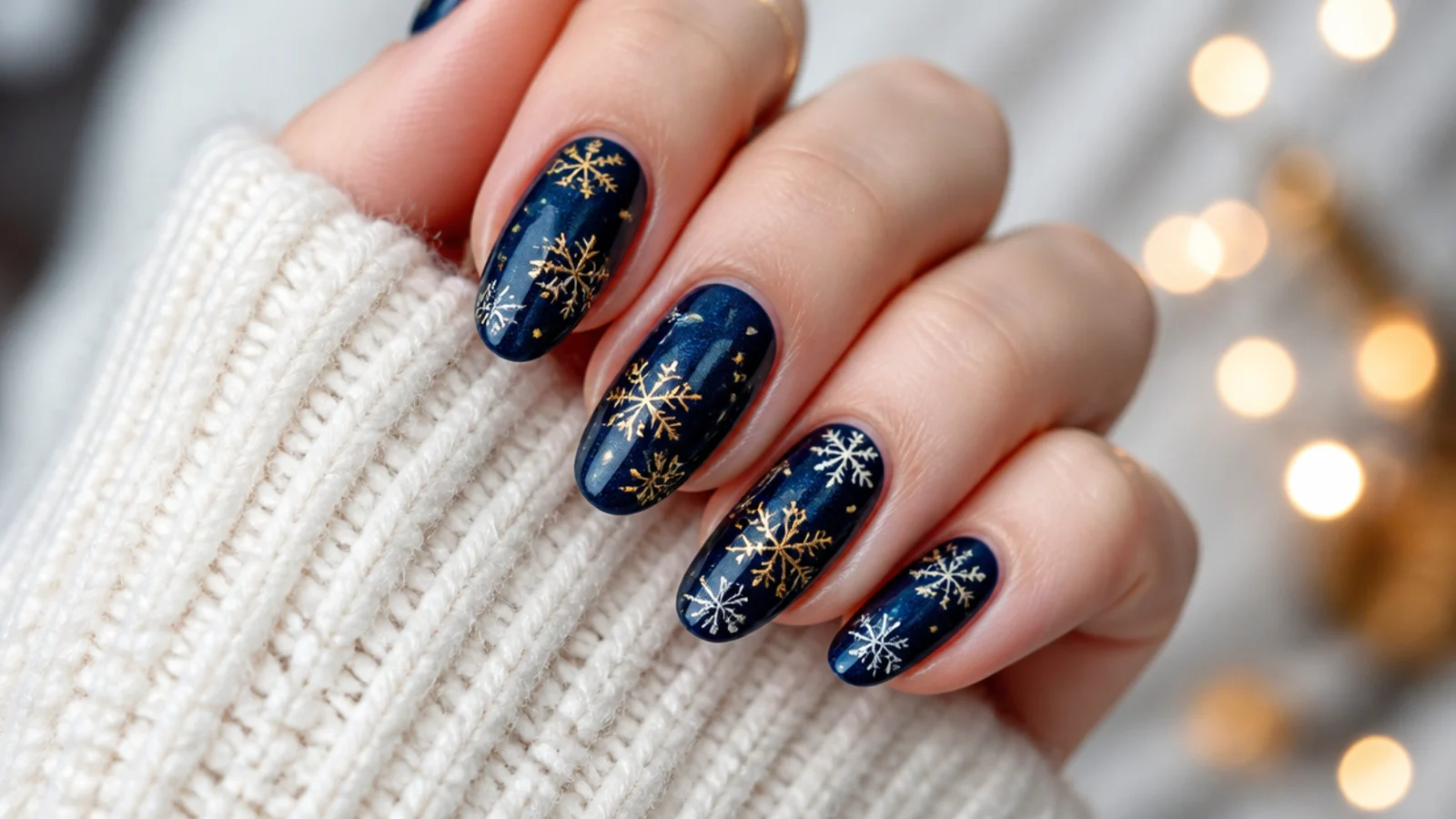 Navy winter snowflake nails with gold snowflakes for a luxe evening set
