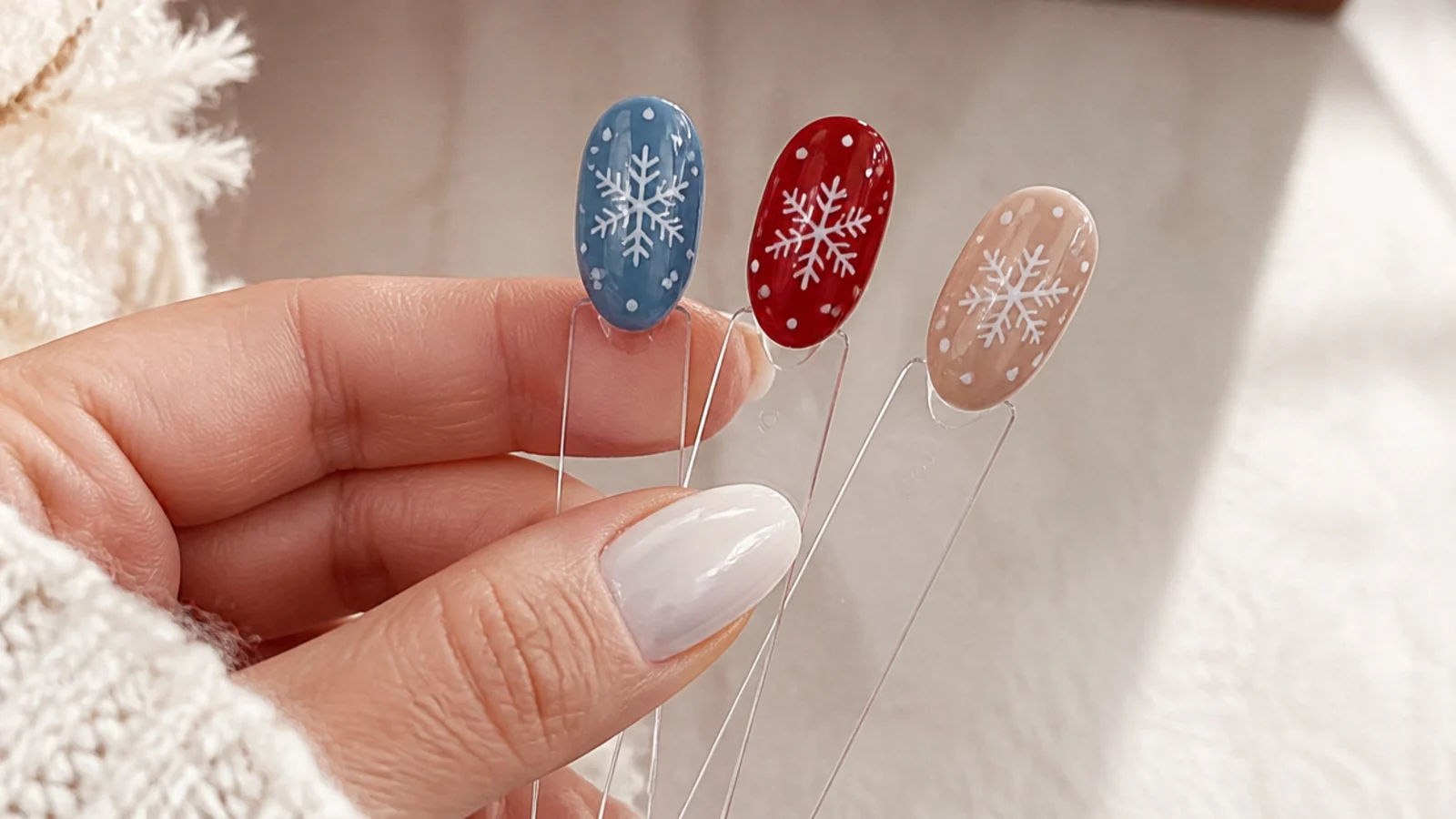 Three snowflake nail swatches - icy blue, red and white, and nude and white