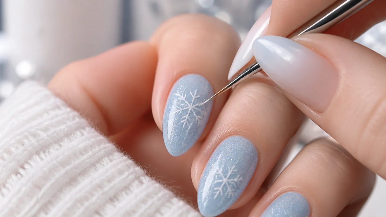 Fine detail brush drawing a six-arm white snowflake on an icy blue nail