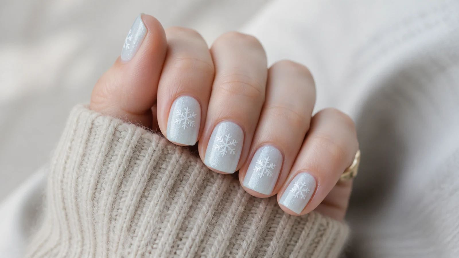 Short square nails with one small white snowflake per nail on an icy base