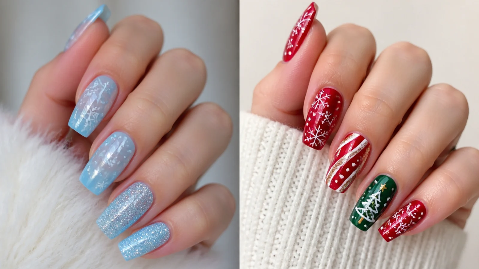 Icy blue snowflake nails beside red and green Christmas nails for comparison