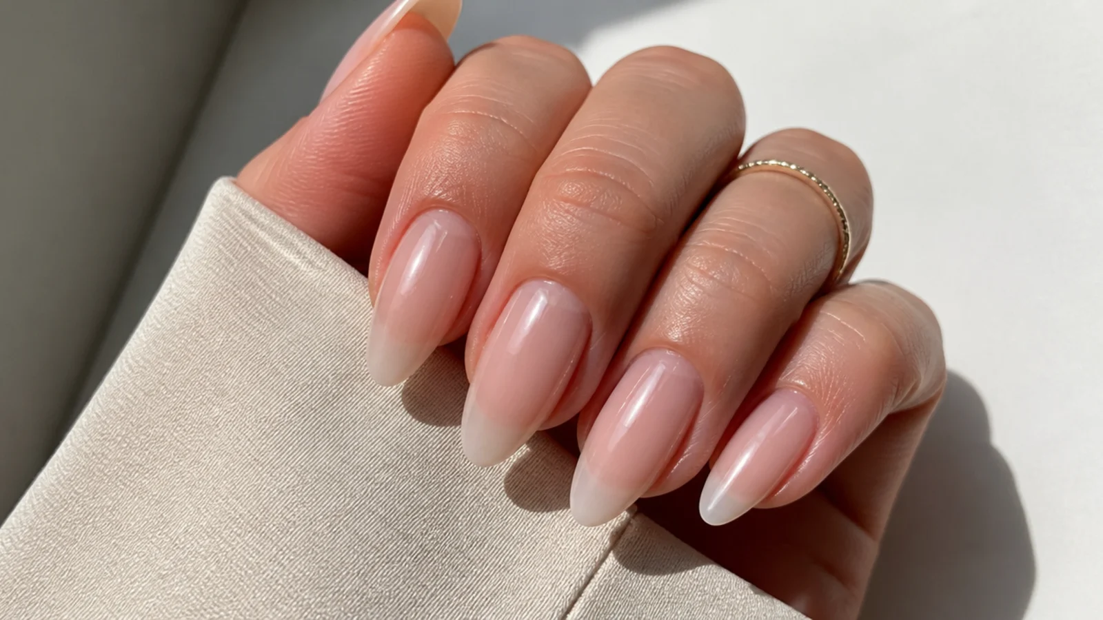 Sheer ballet pink almond soap nails with a soft translucent finish