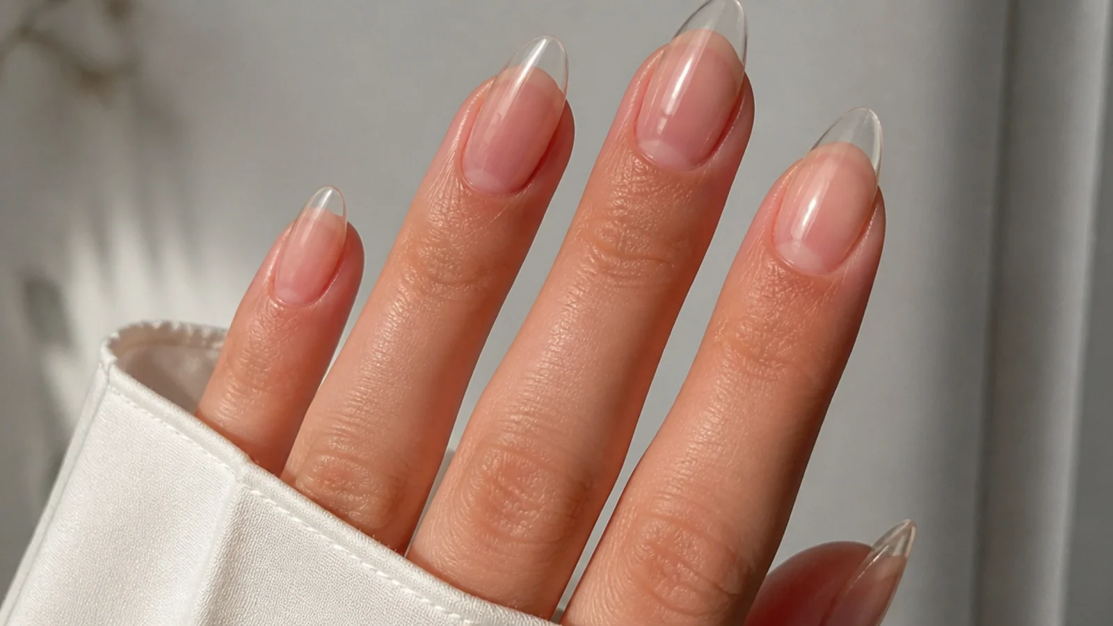 Glassy clear almond nails buffed to a high natural shine