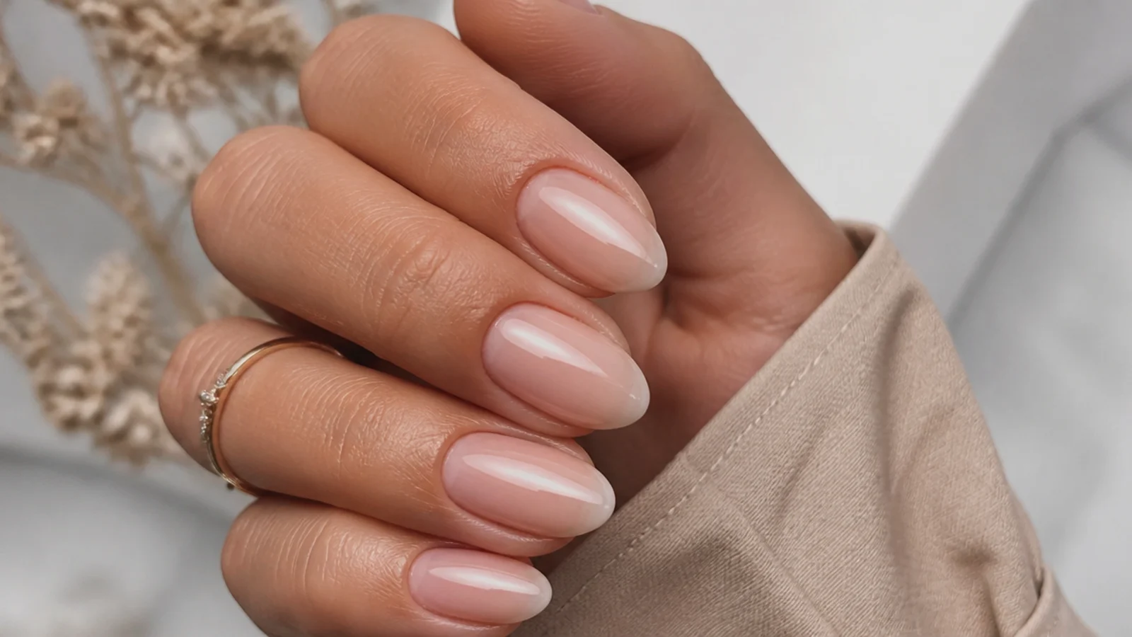 Soft sheer nude almond soap nails with a fresh, clean finish