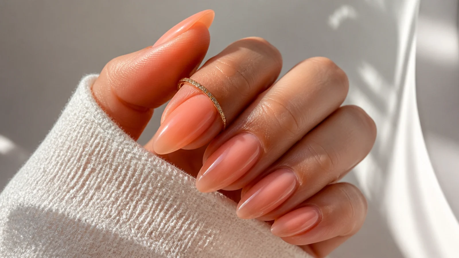 Sheer peach almond soap nails with a warm translucent glow
