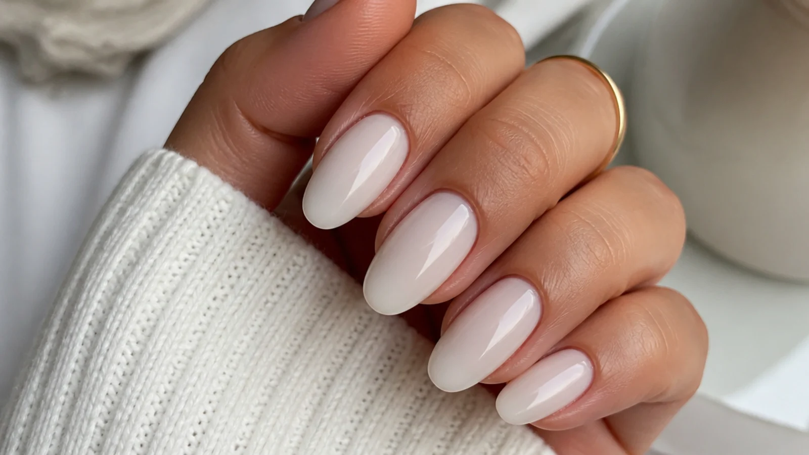 Soft sheer cream almond nails with a smooth clean finish